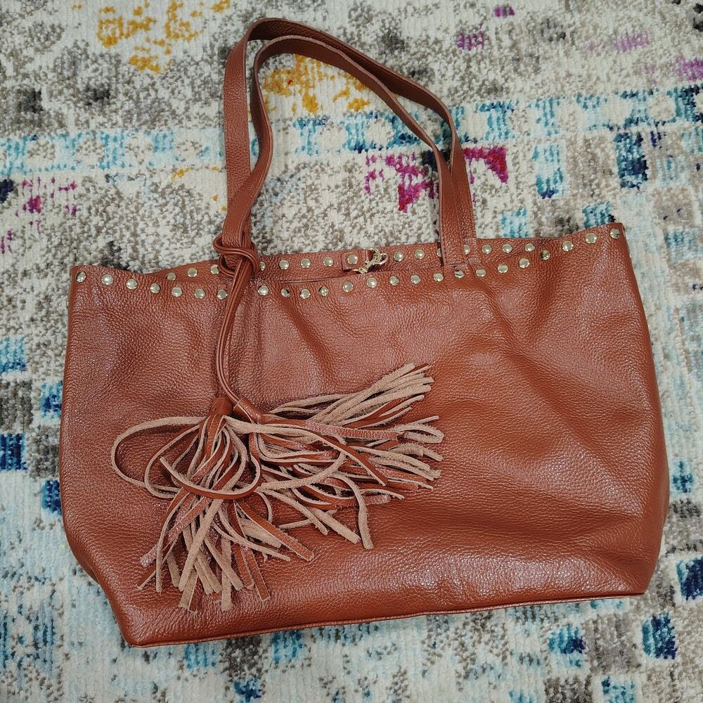 Laggo Womens Purse Remy Brown Pebbled Leather Gold Studded Large Tote Bag